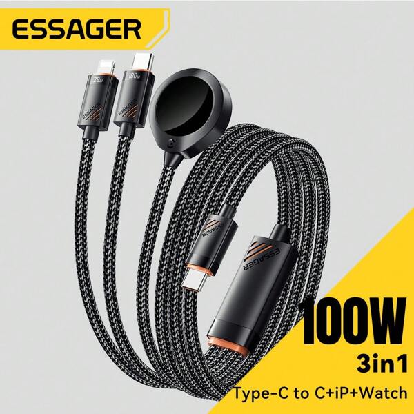 ESSAGER Câble de charge sans fil 3 en 1, de type C à type C pour téléphone mobile et montre. Câble de charge rapide convenant pour le bureau, le dortoir et la maison. Chargeur sans fil