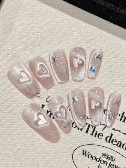 YADORNOS 10Pcs Glitter Pink Love Cat'S Eye French 3D Butterfly Rhinestone Handmade Acrylic Press On Nails Spring Summer Simple Sweet Cute Butterfly Rhinestone Decoration Short Coffin/Long Oval False Nails Full Cover Fake Nails With Jelly Glue And Nail File Back To School Valentine'S Day Wedding Bride Daily Wear Nail Supplies Nails