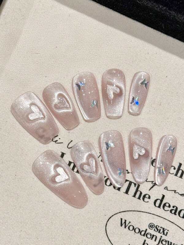 YADORNOS 10Pcs Glitter Pink Love Cat'S Eye French 3D Butterfly Rhinestone Handmade Acrylic Press On Nails Spring Summer Simple Sweet Cute Butterfly Rhinestone Decoration Short Coffin/Long Oval False Nails Full Cover Fake Nails With Jelly Glue And Nail File Back To School Valentine'S Day Wedding Bride Daily Wear Nail Supplies Nails