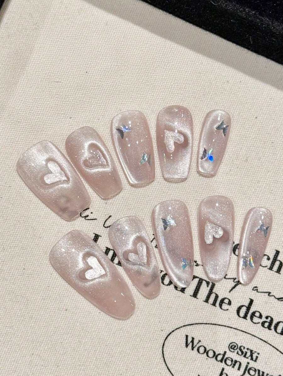 YADORNOS 10Pcs Glitter Pink Love Cat'S Eye French 3D Butterfly Rhinestone Handmade Acrylic Press On Nails Spring Summer Simple Sweet Cute Butterfly Rhinestone Decoration Short Coffin/Long Oval False Nails Full Cover Fake Nails With Jelly Glue And Nail File Back To School Valentine'S Day Wedding Bride Daily Wear Nail Supplies Nails Handmade Press On Nails