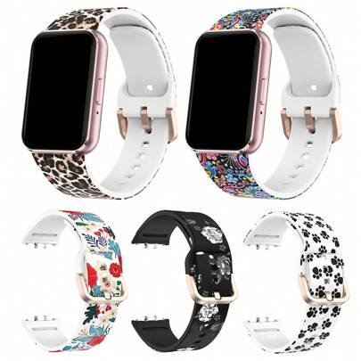 Colorful Print Silicone Sport Watchband Compatible With Samsung Galaxy Fit 3 R390 - Comfortable, Skin-Friendly Replacement Strap With Rose Golden Flat Buckle, Available In Leopard Print, Floral, Paisley, And Solid Black Designs, Watch Accessories