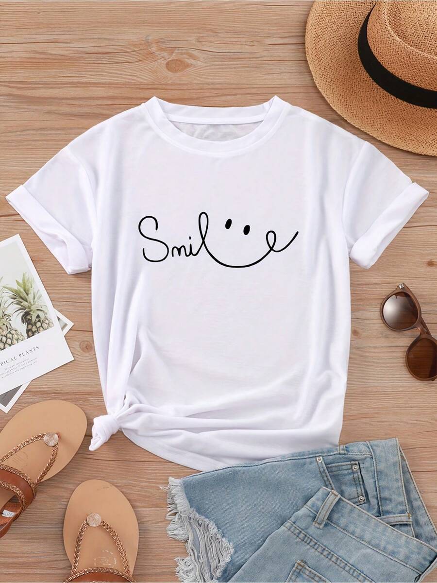 Camiseta de Cuello Redondo con Estampado de Letras, Top Casual de Manga Corta para Primavera y Verano, Ropa de Mujer - Blanco - Ver 1