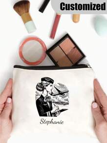 1 PC Fashionable Flight Attendant Personalized Cosmetic Bag - Polyester Makeup Pouch With Zipper, Machine Washable, Lightweight, Fade Resistant, Foldable, And Fixed Shoulder Strap For Customizable Travel Toiletry Organization And Easy Carrying - Beige - View 3