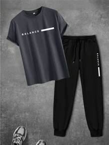 Men's Minimalist English Graphic Casual Short Sleeve T-Shirt And Pants Suit, Daily Wear