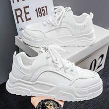 全新男士帆布运动鞋，休闲系带拼接厚底鞋 - 白色 - 查看 1