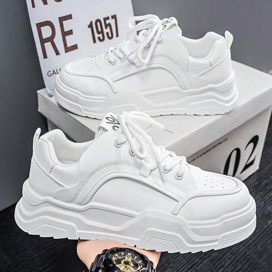 全新男士帆布运动鞋，休闲系带拼接厚底鞋 - 白色 - 查看 1