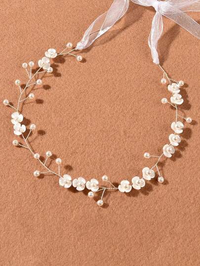 1pc Handmade Soft Pearl Tripetal Flower Headband, Hair Accessories, Headband For Updos, Hairpiece For Wedding Dress