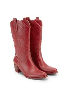 New Arrivals Women's Cowboy Boots Cowgirl Western Boots Mid Calf Boots Fashionable Embroidery Stitched Slip On Chunky Heel Music Festival Party Boots - 紅色 - 查看 6