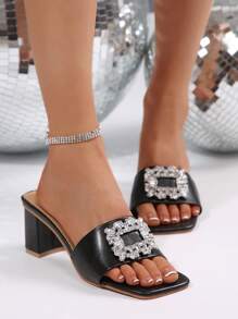 New Summer Women's Rhinestone Square Buckle Sandals, Fashion High Heel Slippers, Thick-Heel Slip-On Slippers, Suitable For Dating, Shopping, Commuting, Business, Home, Leisure