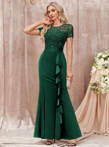 MIUSOL Elegant Women's Dark Green Sequin Floral Lace Ruffle Trim Satin Mermaid Hem Maxi Dress, Formal Evening Gown For Wedding Guest, Graduation, Evening Party,Vacation, Dinner - 墨綠色 - 查看 4