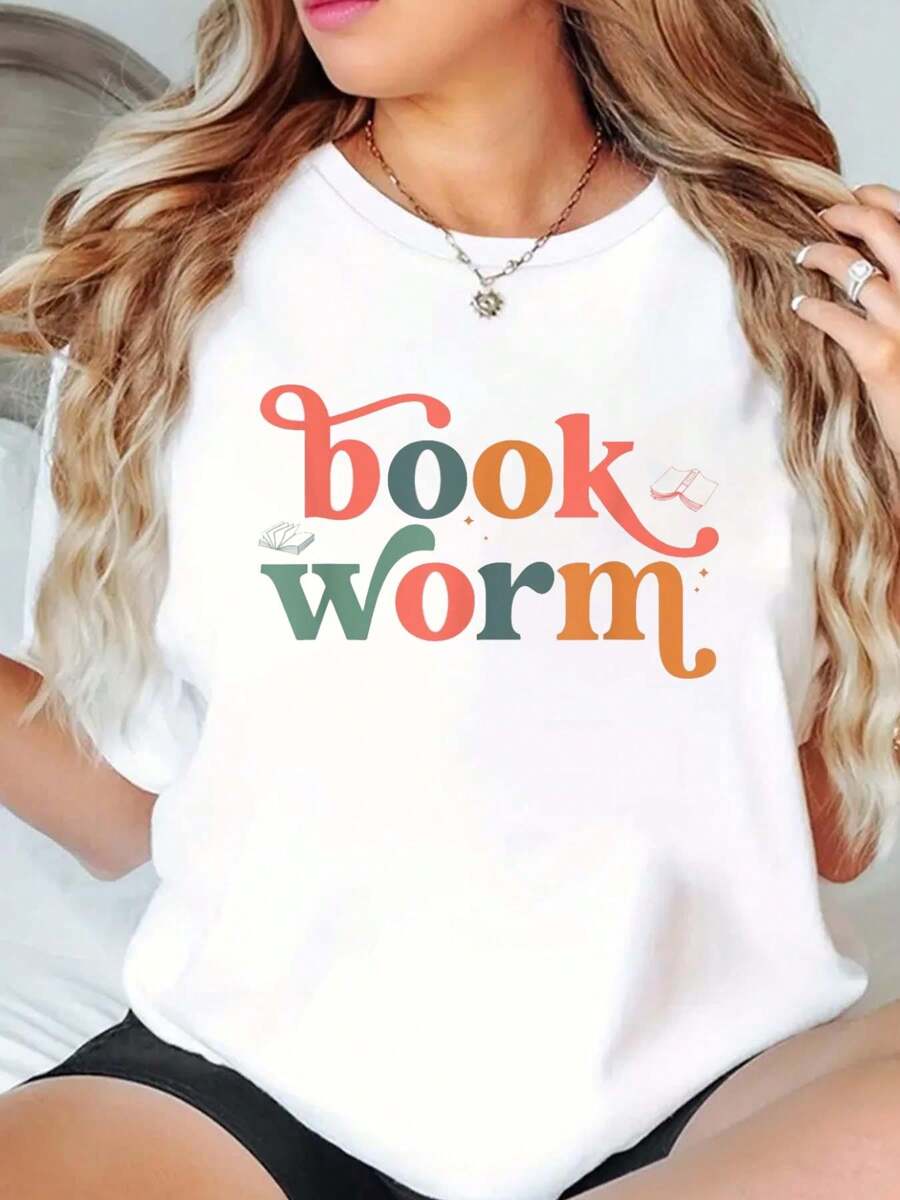 Book Worm Reading Women Book Lovers T-Shirt Print Crew Neck T-Shirt For Summer, Women's Soft Short Sleeve Top, Stylish Comfy Tee For Women Graphic Tees