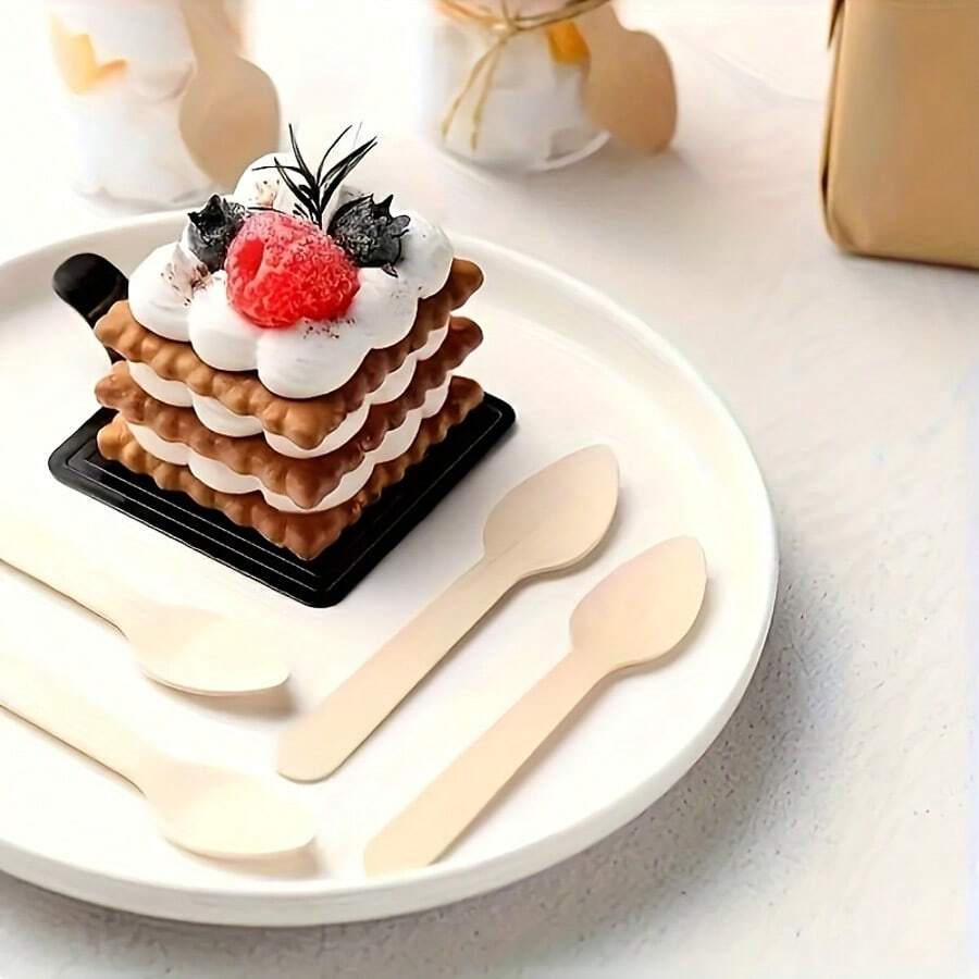 50/100/200 一套由材料制成的小木勺，每把尺寸为 11 厘米/4.33 英寸。非常适合甜点、冰淇淋、蛋糕、派对、毕业典礼、生日、婚礼和露营。 - 米色 - 查看 1