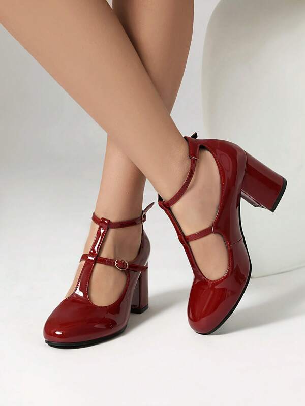 Chaussures femme style rétro babies, escarpins enrobé rouge style français, chaussures à bride et à talon bloc épais talon moyen polyvalentes