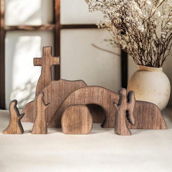 4/7pcs Empty Tomb Easter Scene And Cross Decoration, Wooden Easter Resurrection Scene Cross Jesus Tomb Tray Set, Jesus Nativity Scene Decor For Easter Decoration Home Office Tabletop,Shelf Decor