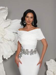 Nouvelle robe longue bandage style épaules dénudées faite main avec perles, robe de soirée moulante fendue style célébrité sexy pour fête, robe invitée de mariage, robe de cérémonie - Blanc - Voir 9