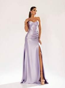 LONG WEDDING PARTY DRESS FOR BRIDESMAID FASHIONISTA STRAPLES WITH SLIT - Lilac Purple - View 1