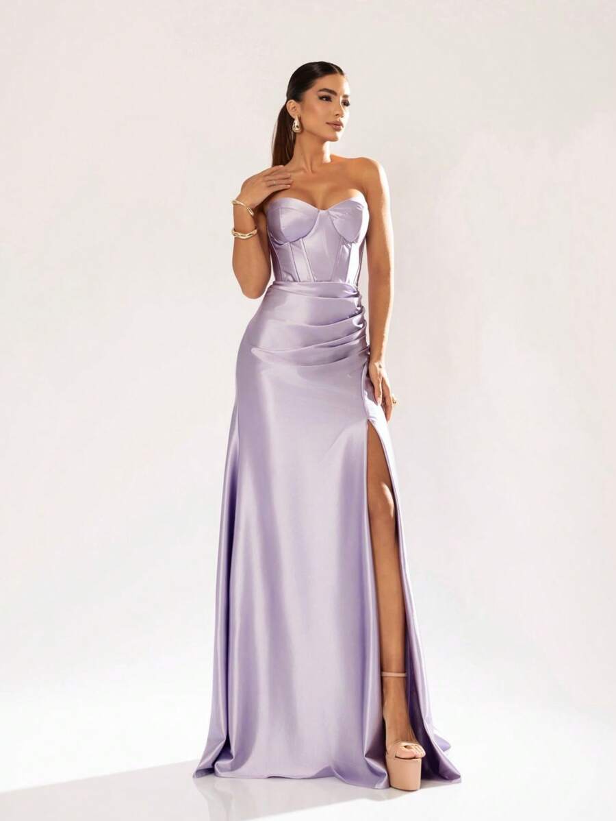 LONG WEDDING PARTY DRESS FOR BRIDESMAID FASHIONISTA STRAPLES WITH SLIT - Lilac Purple - View 1