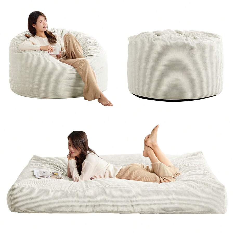 Full/Queen Size Bean Bag Chairs For Adults, 2 In 1 Bean Bag Chairs, Convertible Bean Bag With Filler For Gaming Large Foam, Bean Bags With Washable Soft Corduroy Cover For Living Room - 白色 - 查看 1