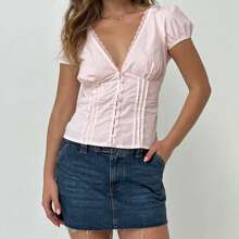 Women Summer Short Sleeve V-Neck Button Down Shirts Dressy Victorian Blouse Tops Puff Sleeve Casual Dressy Blouses Eyelet Tee Tops - 粉色 - 查看 4