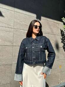 Áo khoác denim ve dài tay thời trang nữ - Màu xanh hải quân - Xem 4