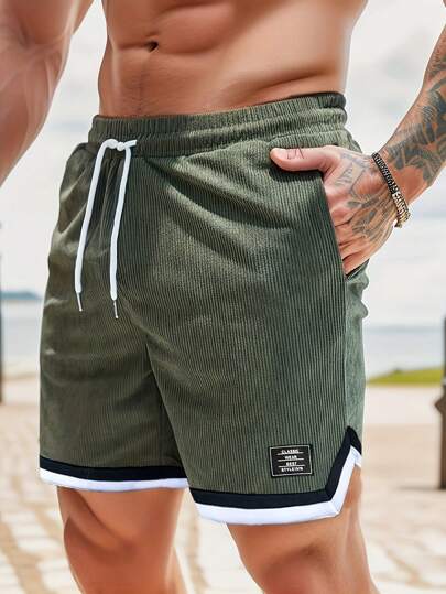 Trending Men's Beach Sports Casual Corduroy Shorts, Slant Pockets, Drawstring, Contrast Color, Black & White Trim, Simple & Stylish Sports Silhouette, Suitable For Daily Casual, Sports, Commuting, Outing, Summer New Essential Shorts