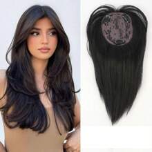 Pieza superior sintética con flequillo de cortina y raya al medio - Flequillo con clip invisible para cubrir el cabello ralo y línea del cabello, apariencia natural para peinado diario y aumento instantáneo de volumen, extensión de cabello con clip para mujeres