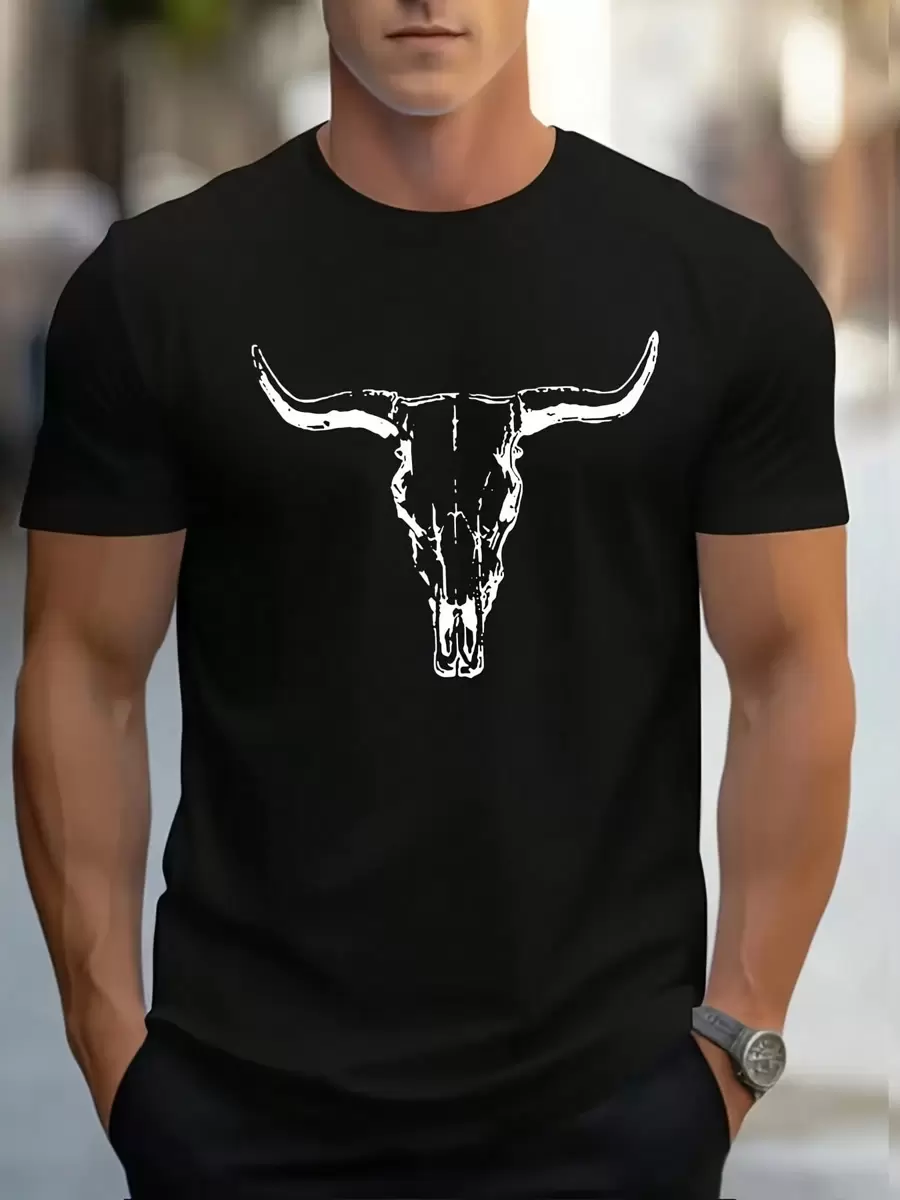 Camiseta Con Estampado De Cráneo De Toro, Camisetas Para Hombres, Camiseta Casual De Manga Corta Para El Verano1pc de camiseta de 100% algodón con estampado digital - Negro - Ver 1