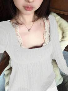 Women Fairy Grunge Loose Babydoll Sweater Cable Knit Flowy Peplum Tops Long Sleeve Square Neck Solid Color Loose Fit T-Shirts Sweaters 90S Harajuku Vintage Streetwear Aesthetic Clothes - 白色 - 查看 2