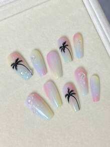 10pcs Dreamy Tie Dye Macaron Color Hand-Painted Minimalist Palm Tree Pattern Nail Tips Press On Nails - Multicolor - View 5
