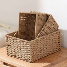 3pcs Natural Rattan-Woven Baskets Set In Beige & Camel Tan, Country Style, Paper Rope & Iron Frame Handwoven, Suitable For Desktop Organization