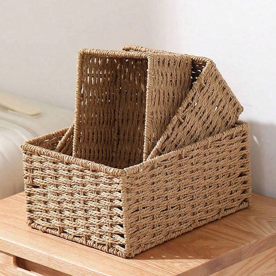3pcs Natural Rattan-Woven Baskets Set In Beige & Camel Tan, Country Style, Paper Rope & Iron Frame Handwoven, Suitable For Desktop Organization