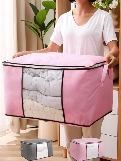 1 pieza Bolsa de almacenamiento de gran capacidad, bolsa de almacenamiento de edredón de tela no tejida, bolsa de almacenamiento de edredón plegable con cremallera y ventana transparente, organizador de ropa de gran capacidad para ropa de cama y mantas, contenedor de almacenamiento a prueba de polvo y humedad para debajo de la cama, de tela no tejida duradera con asas, organizador de armario que ahorra espacio para el hogar y los viajes, disponible en rosa, gris y otros colores, fácil de identificar el contenido, organizador de almacenamiento, artículo esencial de viaje