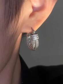 1 Pair Asymmetrical Hoop Earrings With Crystal Decor, Elegant For Women, Suitable For Party, Daily Wear, Celebration, Birthday Gift - Silver - View 2