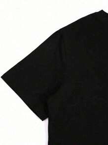Cool Red Letter Print T-Shirt For Women, Women's 220g Casual Round Neck Heavy Pure Cotton T-Shirt (1 PC) - Black - View 3