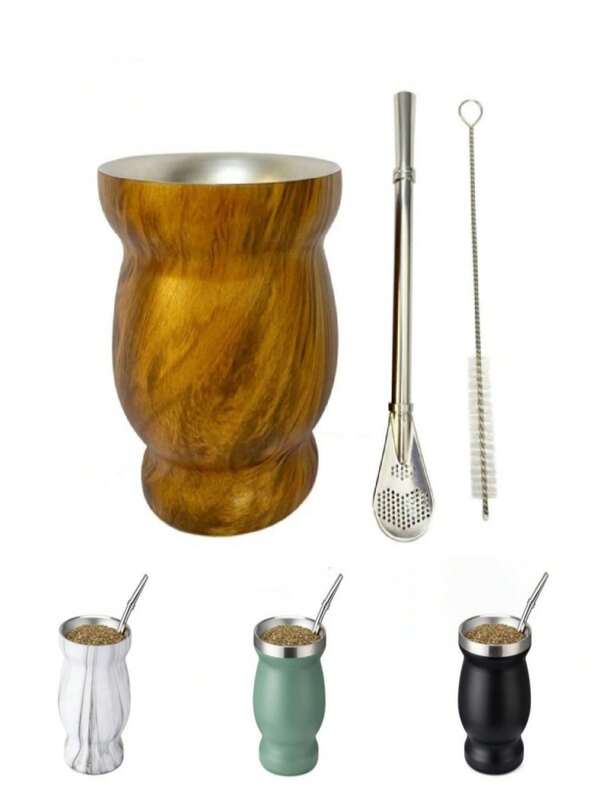 1pc/3pcs, Double-Walled Stainless Steel Yerba Mate Cup Set 8Oz, Tea Cup Set Include Insulated Yerba Mate Cup, Mate Straw Spoon & Cleaning Brush, Double-Walled And Hot & Cold Drink, For Mate Tea, Coffee, Easy To Clean )(Wood/Marble/Pink/Gray/White/Black)