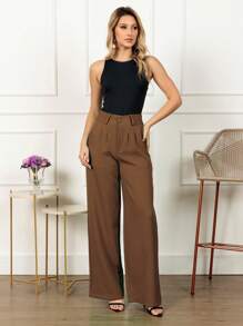 Tailored Wide Leg Pants - Brown - View 4