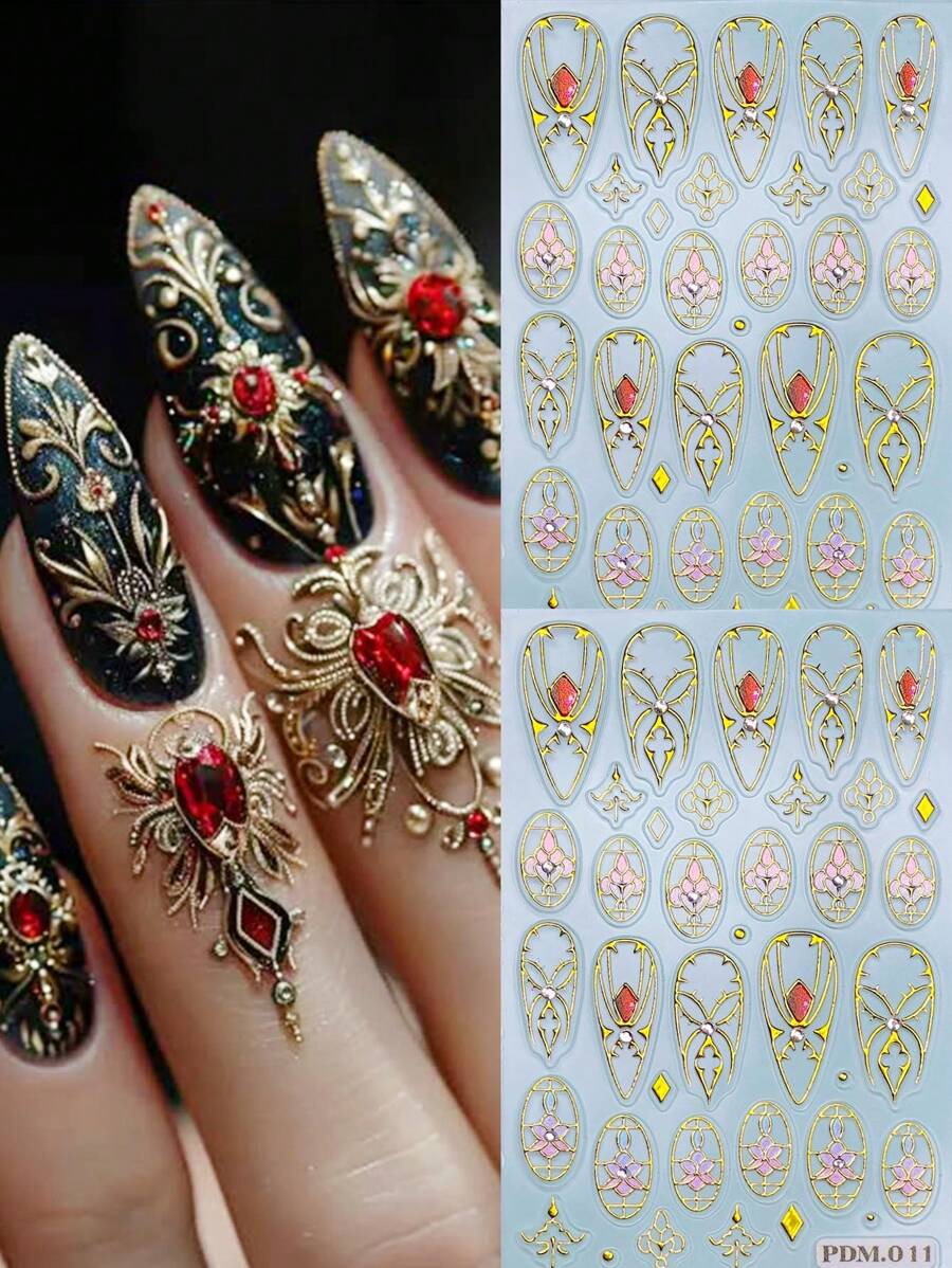 FULL BEAUTY 2 miếng dán móng tay ren vàng cổ điển dập nổi Mãn Châu cắt giấy trang trí đám cưới thanh lịch bằng acrylic - Nhiều màu - Xem 1