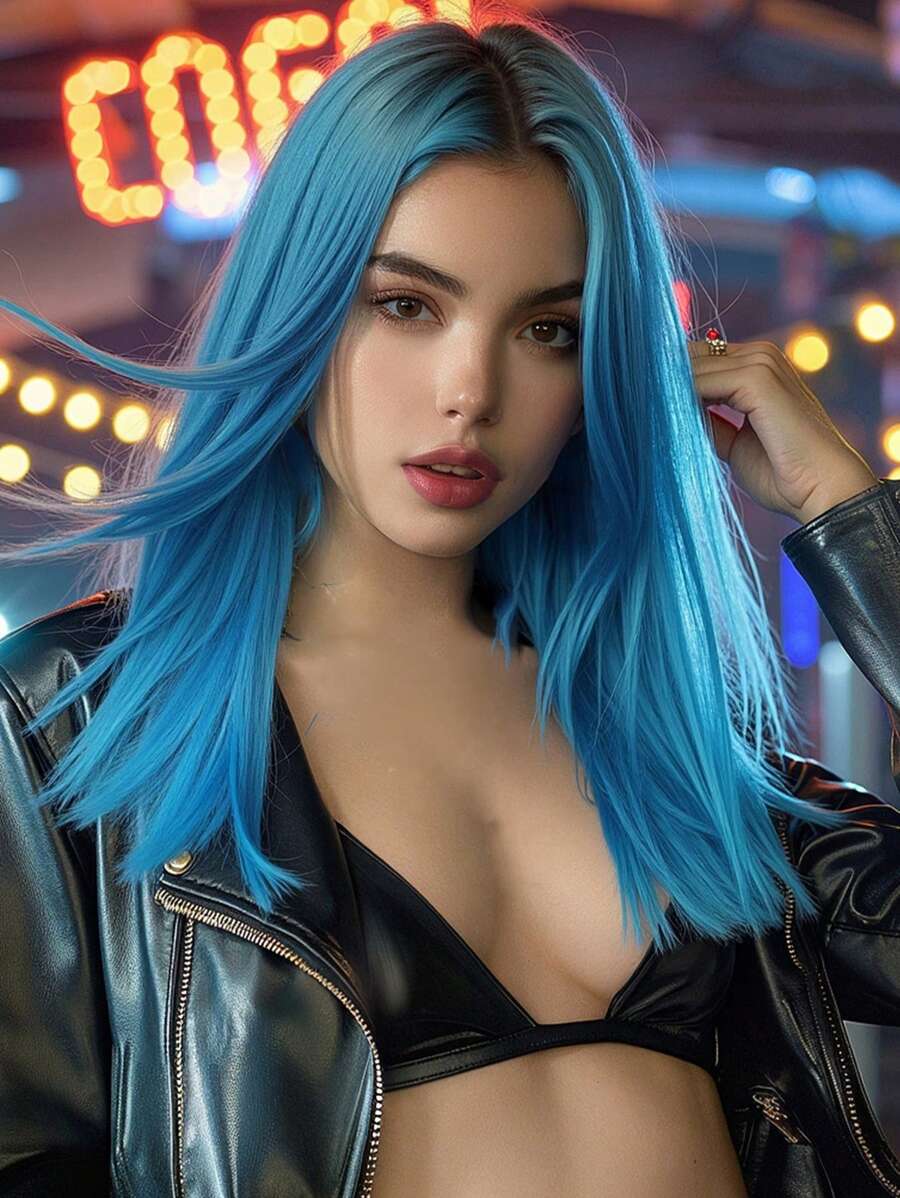 14 英寸合成假发棕色渐变蓝色长直发带刘海合成纤维假发头发替换假发适合女性女孩 - 漸層藍色 - 查看 1