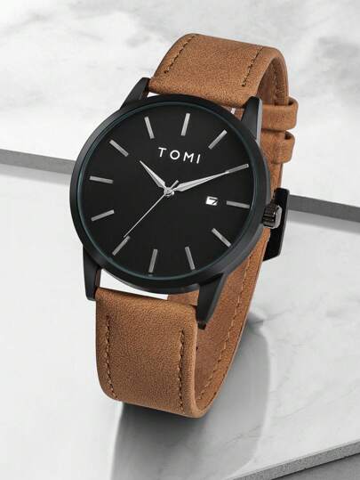TOMI 1 Stück TOMI Uhr mit Lederarmband aus Zinklegierung, modernes minimalistisches Design, geeignet für Teenager, ideal für den Alltag und als Urlaubsgeschenk