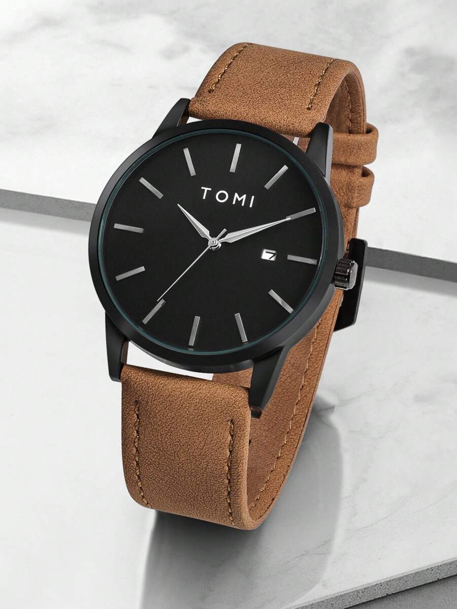 TOMI 1 件锌合金皮革表带手表,时尚简约设计,适合青少年,是日常生活和节日礼物的理想选择 - 棕色 - 查看 1