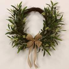 1 Peça Grinalda de Azeitona Verde Artificial com Flores Brancas e Fita - Perfeito para Decoração Rústica Interna/Externa, Parede ou Janela, Ótimo para Casa, Festivais, Decorações de Casamento