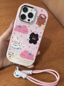 Cute Pink Polka Dot Rabbit & Bear Cake Design Phone Case, Adorable & Youthful Style, Compatible With IPhone 16/15/15 Pro/15 Pro Max/14/13/12/11/Xs MAX Series - Pink Polka Dot Rabbit Bear With Pink Lanyard - View 2