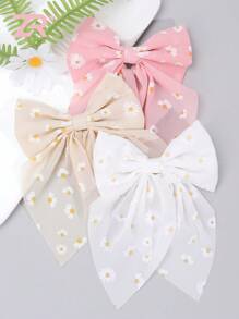 3 件装女士米色白色粉色雏菊印花发夹带尾巴优雅丝带蝴蝶结发夹精致雏菊蝴蝶结发夹女孩发饰 - 彩色 - 查看 6