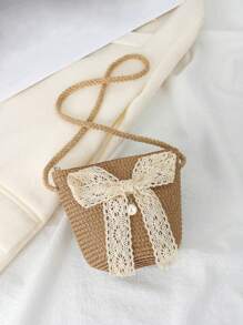 1 件儿童可爱珍珠纱布蝴蝶结草编包单肩包斜挎包 - 彩色 - 查看 3