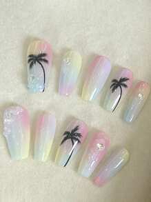 10pcs Dreamy Tie Dye Macaron Color Hand-Painted Minimalist Palm Tree Pattern Nail Tips Press On Nails - Multicolor - View 1