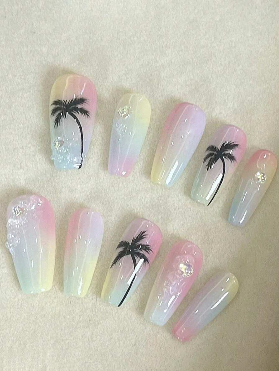 10pcs Dreamy Tie Dye Macaron Color Hand-Painted Minimalist Palm Tree Pattern Nail Tips Press On Nails - Multicolor - View 1