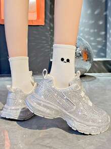 女士水钻厚底运动鞋，闪亮亮片透气网面运动鞋，时尚百搭新款休闲鞋 - 白色 - 查看 6