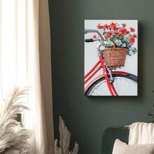 1 Pc,Close-Up Of A Vintage Red Bicycle With A Basket Of Flowers Again, Original, Canvas, Wall Art, Living Room Wall Decorations, Bedrooms, Bathrooms, Frame Poster Art Prints, Hanging Paintings, Home Decoration, Festivals. Home D 3