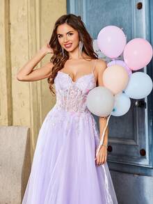 3D Flower Beads Sequin Appliques Ball Gown Mesh Prom Dresses Long Spaghetti Strap V-Neck Elaborate Formal Evening Party Gowns Homecoming Wedding Guest Dress - Mauve Purple - View 7