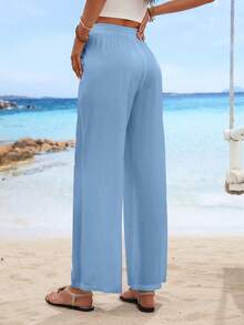 Drawstring Waist Plain Slant Pockets Minimalist Casual Straight-Leg Pants - Dusty Blue - View 2
